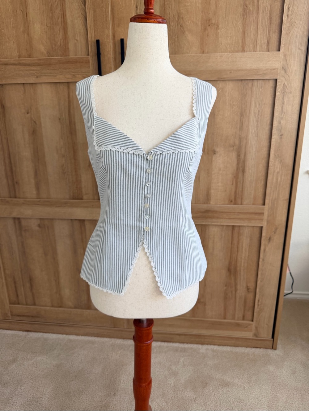 Commense Grey and White Striped Lace-Trim Button-Front Top
